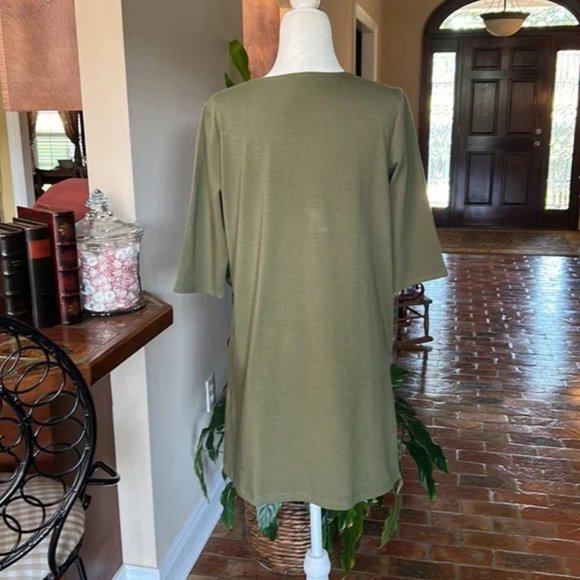 EILEEN FISHER Green Organic cotton Pocketed 3/4 Sleeve V Neck Shift Dress szPM - Picture 8 of 14
